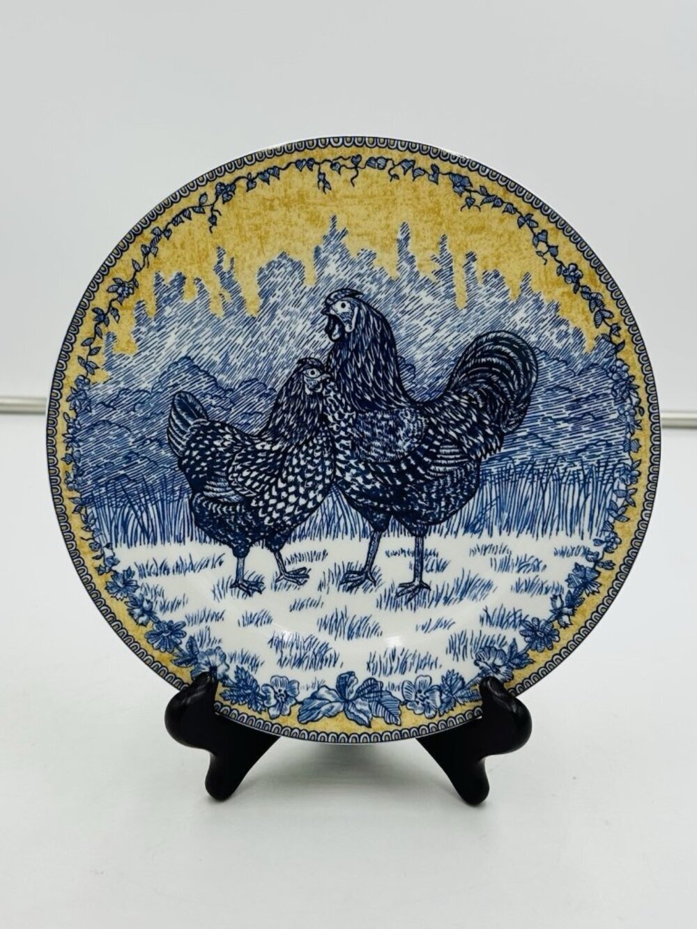 AMERICAN ATELIER 8" Rooster Toile Salad Dessert Plate Blue Yellow Porcelain